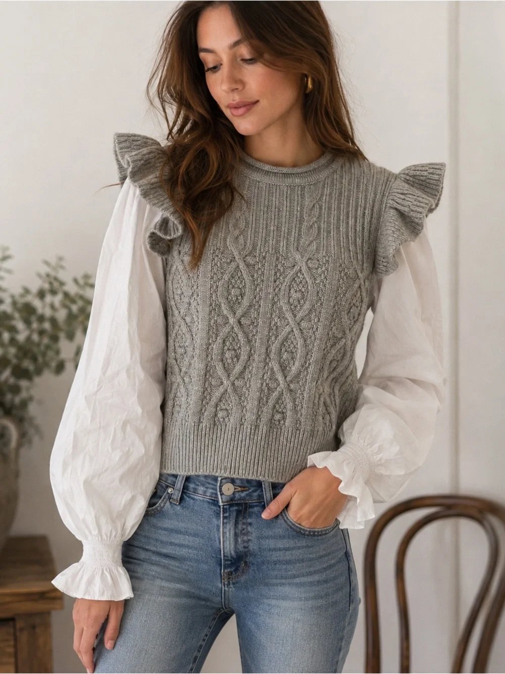 Design History Cable Knit Sweater Blouse Gray White Puff Sleeve Ruffle Cottage M